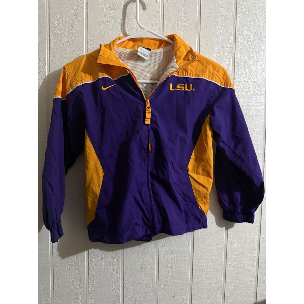 Nike LSU Tigers Windbreaker Jacket Kids Size 7 Purple Gold Full Zip Hooded
